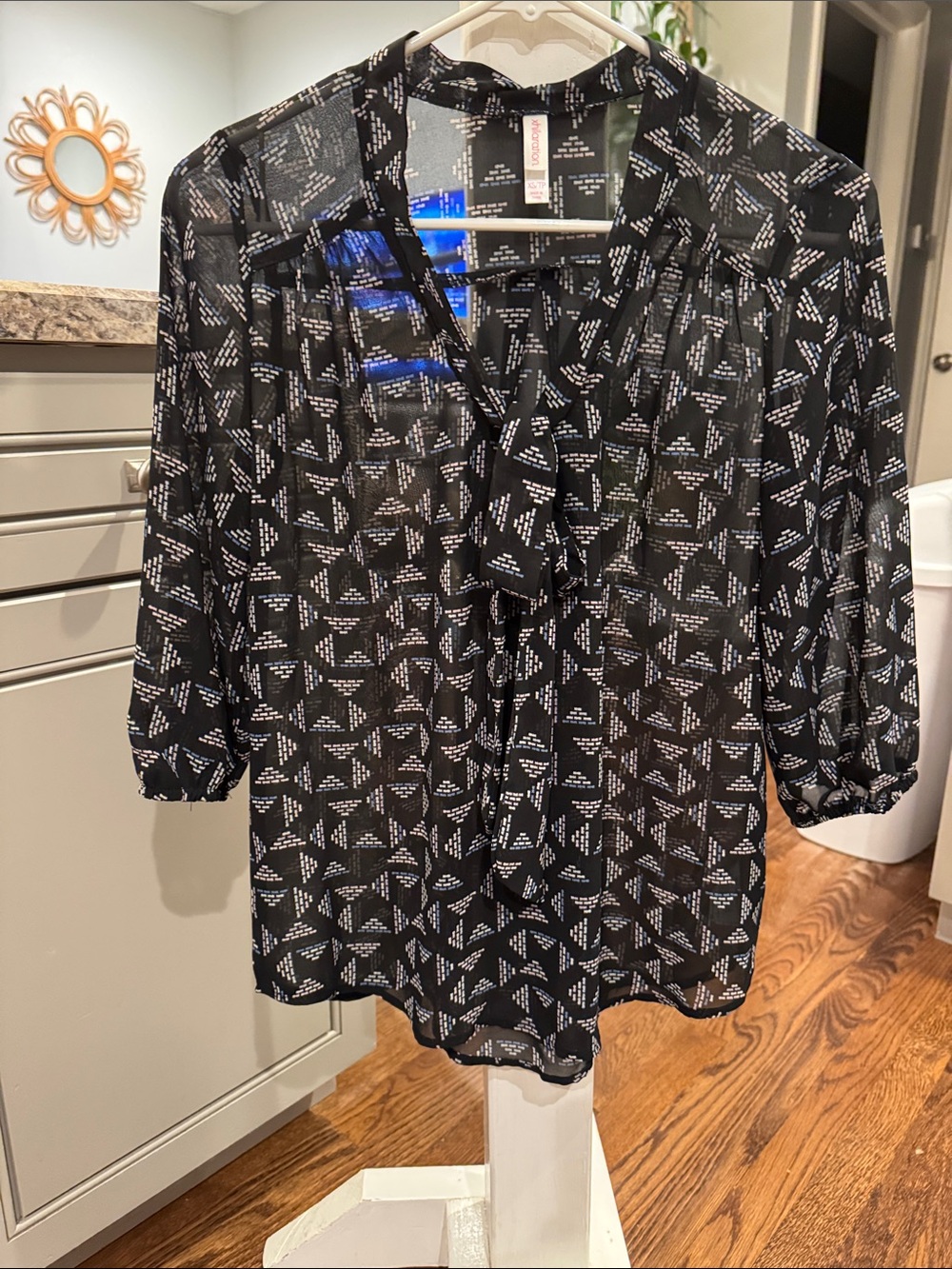 Black Patterned Sheer V-Neck Women's Blouse 3 Quarter Length Sleeves and Bow